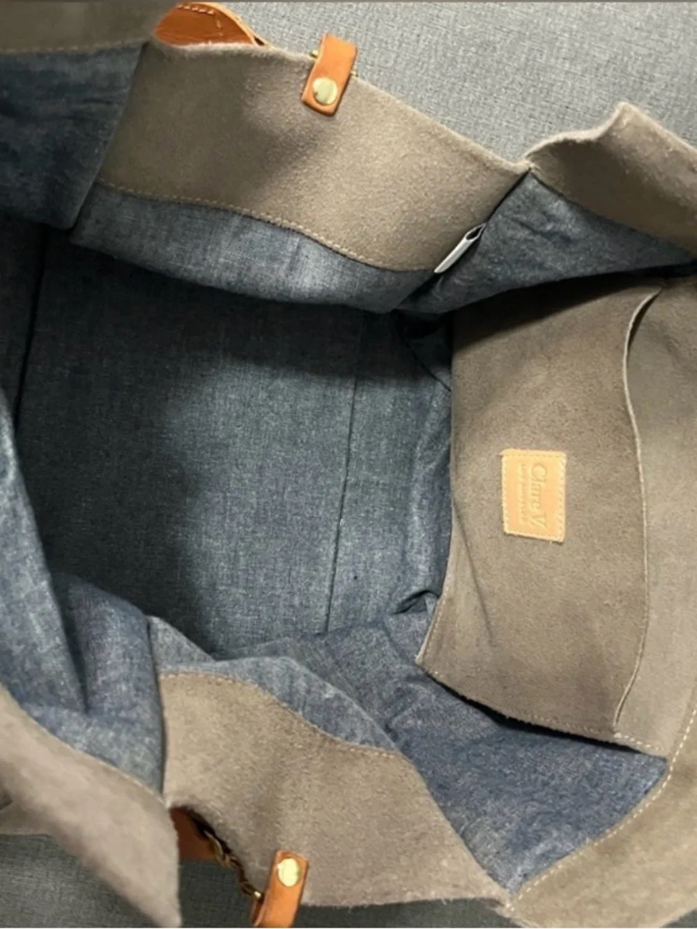 CLARE V. Accent Striped Dark Gray Italian Suede Tote Bag